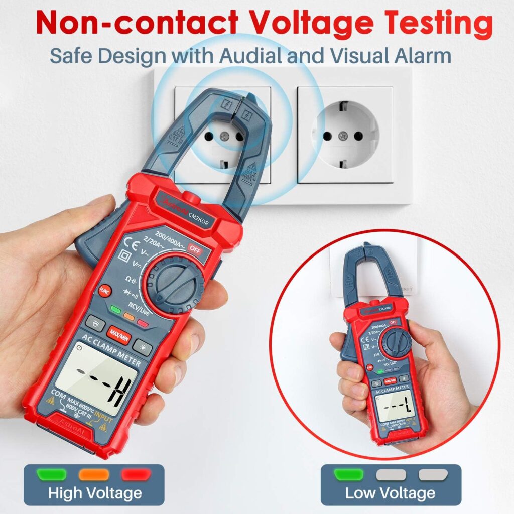 AstroAI CM2KOR Pinza Amperimétrica con sensado de voltaje sin contacto.